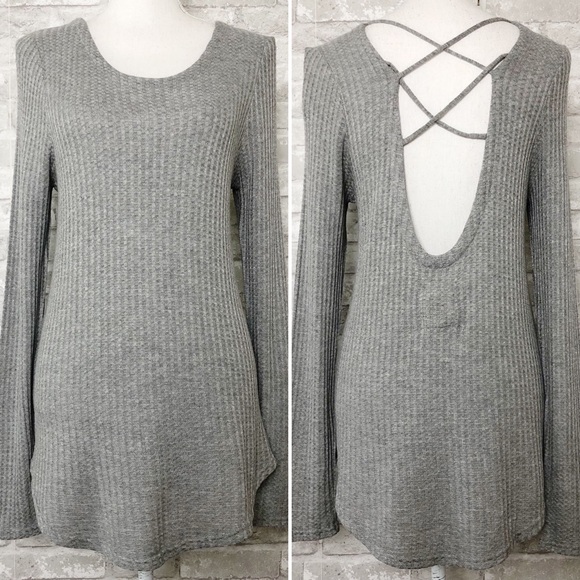 Chaser Sweaters - CHASER Gray Waffle Knit Longsleeve Tunic Top with Criss Cross Low Back Medium